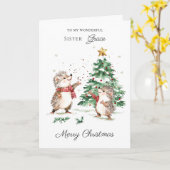 Hedgehog Christmas Family Sister Kaart (Gele Bloem)