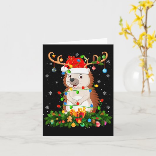 Hedgehog Christmas Lights Reindeer Santa Hat Adult Kaart (Gele Bloem)