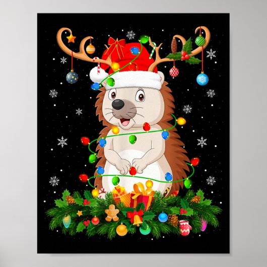 Hedgehog Christmas Lights Reindeer Santa Hat Adult Poster (Voorkant)
