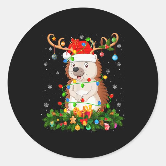 Hedgehog Christmas Lights Reindeer Santa Hat Adult Ronde Sticker (Voorkant)
