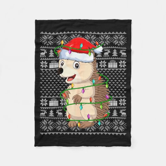 Hedgehog Christmas Lights Ugly Sweater Funny Santa Fleece Deken (Voorkant)