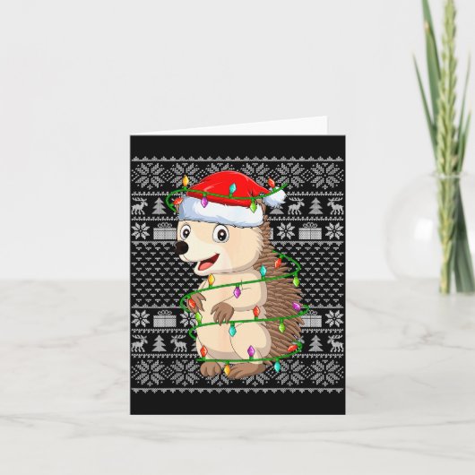 Hedgehog Christmas Lights Ugly Sweater Funny Santa Kaart (Voorkant)