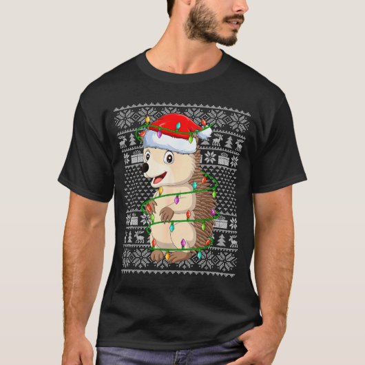 Hedgehog Christmas Lights Ugly Sweater Funny Santa T-shirt (Voorkant)