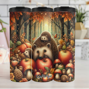 Hedgehog familie in een herfstbos thermosbeker
