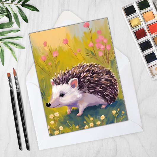 Hedgehog Floral Field Animal Painting Kaart