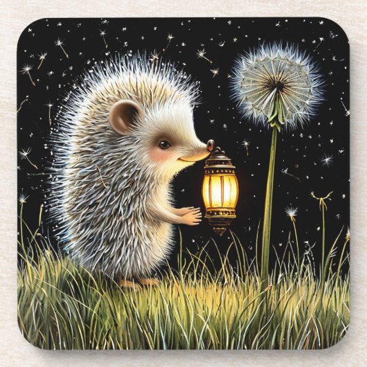 Hedgehog Holding Lantern Naast Paardenbloem Bier Onderzetter (Voorkant)