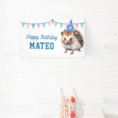 Hedgehog kinder blauw verjaardagsfeestje spandoek (Insitu)