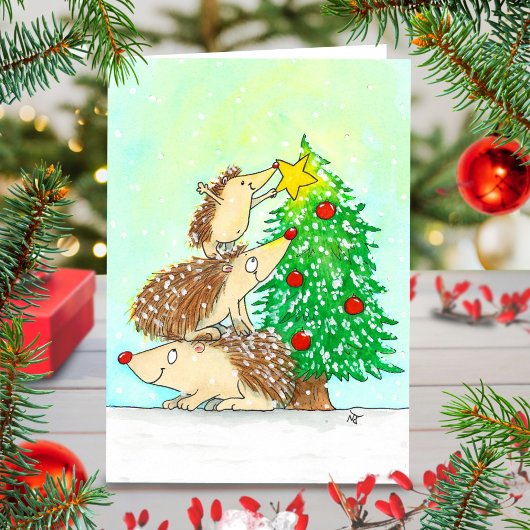Hedgehog Merry Christmas greeting card by N. Janes Kaart