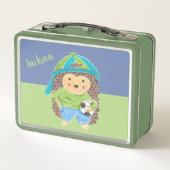 Hedgehog met voetbal kind naam metalen lunchbox (Achterkant)