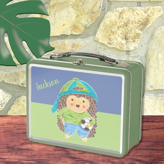 Hedgehog met voetbal kind naam metalen lunchbox