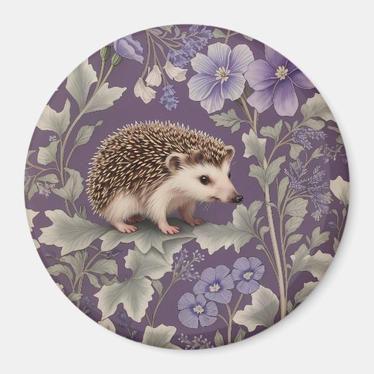 Hedgehog Purple William Morris Inspired Floral Magneet (Voorkant)
