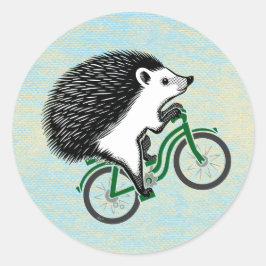 Hedgehog Rijden op een fiets op blauwe achtergrond Ronde Sticker