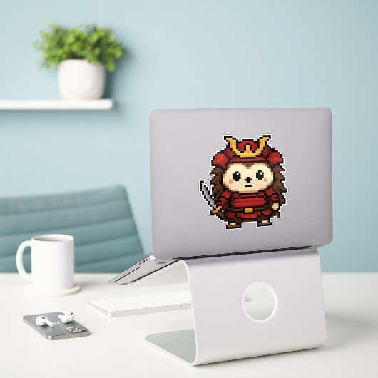 Hedgehog Samurai sticker 6x6 (Laptop op bureau)