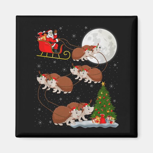 Hedgehog Santa Sleigh Flying Funny Magical Christm Magneet (Voorkant)