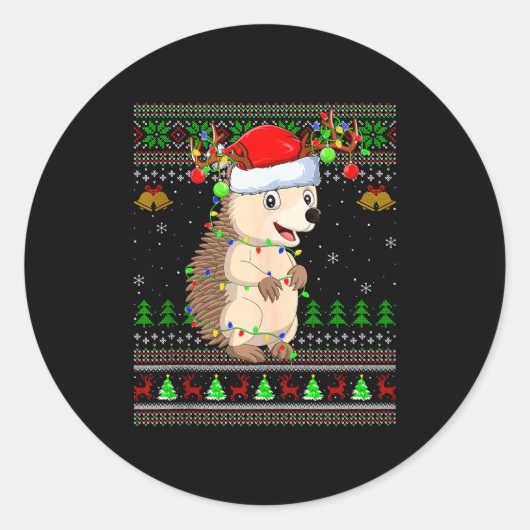 Hedgehog Ugly Christmas Sweaters Holiday Santa Cut Ronde Sticker (Voorkant)