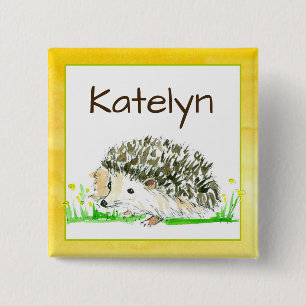 Hedgehog Waterverf Naam Tag Vierkante Button 5,1 Cm