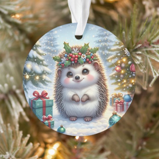 Hedgehog with Holly Wreath & Tree Lights Ornament (Boom)