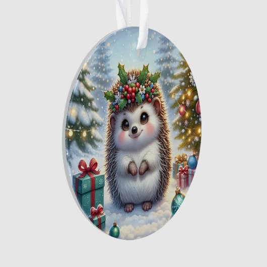 Hedgehog with Holly Wreath & Tree Lights Ornament (voorkant)
