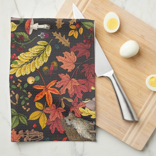 Hedgehogs and autumn forest flora on black theedoek (Quarter Fold)