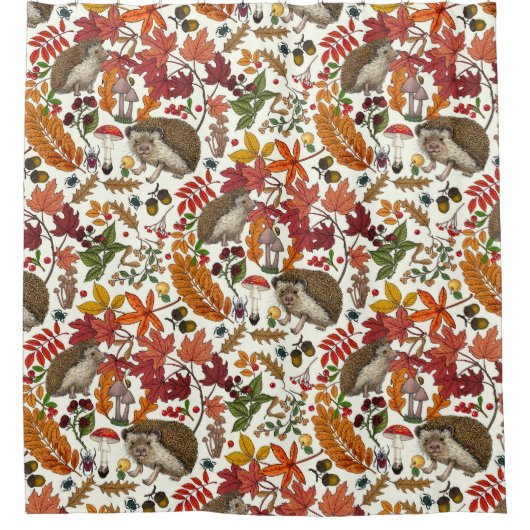Hedgehogs and autumn forest flora on ivory douchegordijn (Voorkant)