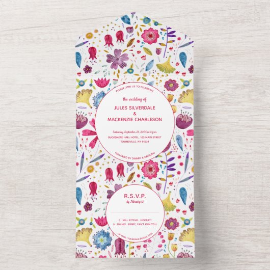 Hedgerow Wild Flowers Waterverf Painting All In One Uitnodiging (Binnen)