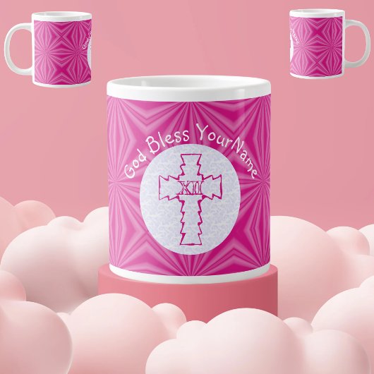 Heeft Roze Zig-Zag Kruis Roze Wit Gepersonaliseerd Grote Koffiekop