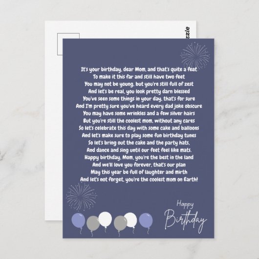Heel Grappig Gedicht voor Verjaardag Moeder Briefkaart (Voorkant / Achterkant)