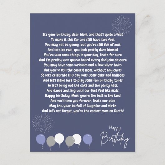 Heel Grappig Gedicht voor Verjaardag Moeder Briefkaart (Voorkant)