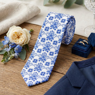 Heel klassiek Nederlands Delfts Blauw Bloemmotief Stropdas