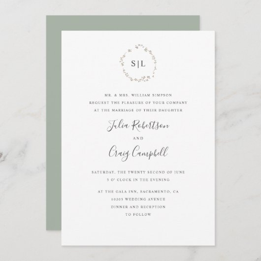 Heel kleine bladeren formeel monogram bruiloft kaart (Voorkant / Achterkant)