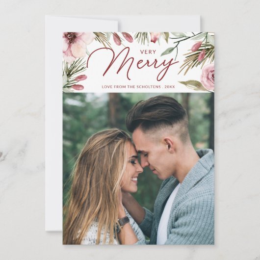 Heel Merry Waterverf Pine en Floral Foto Feestdagenkaart (Voorkant)