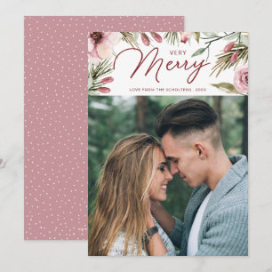 Heel Merry Waterverf Pine en Floral Foto Feestdagenkaart