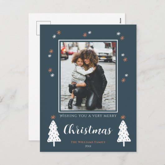 Heel prettig kerstfeest Modern Doodle Trees Foto Feestdagenkaart (Voorkant / Achterkant)