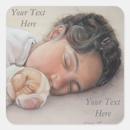 heel schattig meisje dat kleine beagle puppy maakt vierkante sticker (Voorkant)