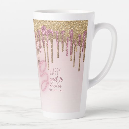 Heel zoet16 ROSEGOLD DRUPPELENDE GLITTERSCHACHTIGE Latte Mok (Rechts)