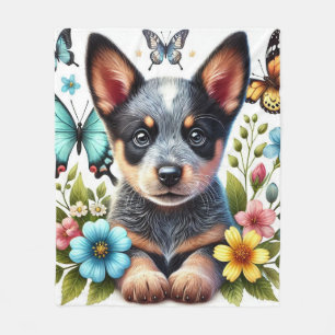 Heeler Puppy met Vlinders en Bloemen Fleece Deken