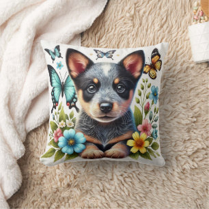 Heeler Puppy met Vlinders en Bloemen Kussen