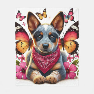Heeler Puppy Omgeven Door Vlinders En Bloemen Fleece Deken