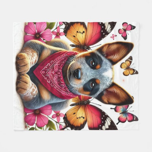 Heeler Puppy Omgeven Door Vlinders En Bloemen Fleece Deken (Voorkant (Horizontaal))