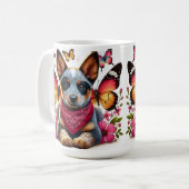 Heeler Puppy Omgeven Door Vlinders En Bloemen Koffiemok (Voorkant links)