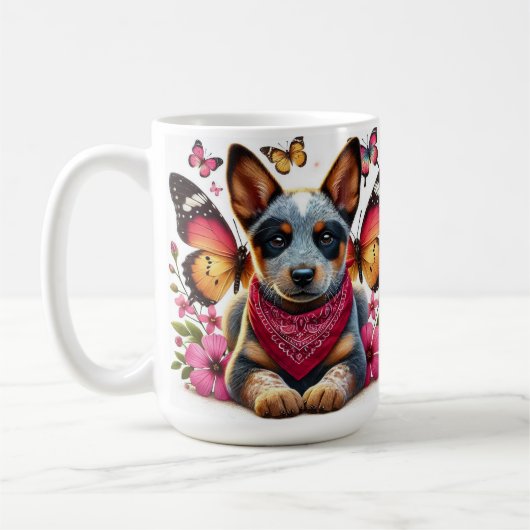 Heeler Puppy Omgeven Door Vlinders En Bloemen Koffiemok (Links)