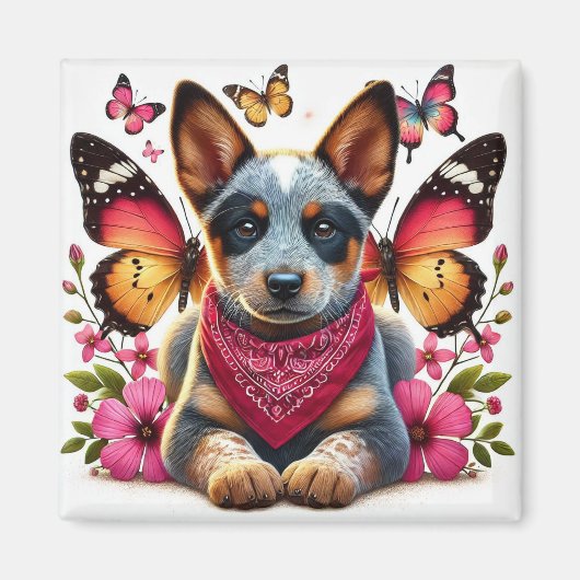 Heeler Puppy Omgeven Door Vlinders En Bloemen Magneet (Voorkant)