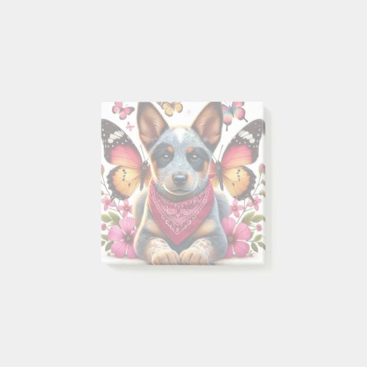 Heeler Puppy Omgeven Door Vlinders En Bloemen Post-it® Notes (Voorkant)