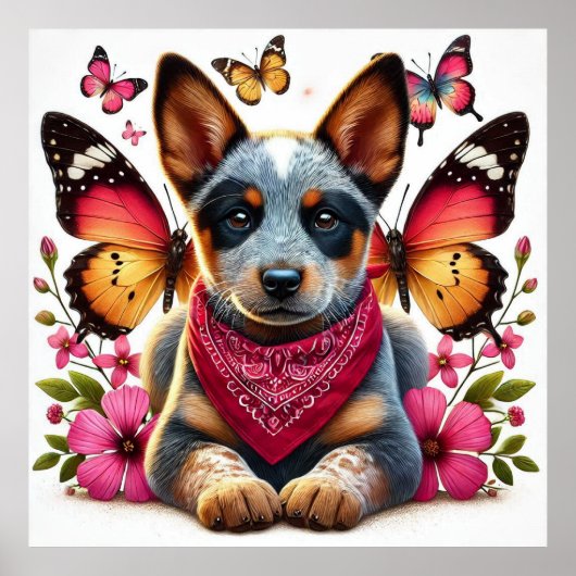 Heeler Puppy Omgeven Door Vlinders En Bloemen Poster (Voorkant)