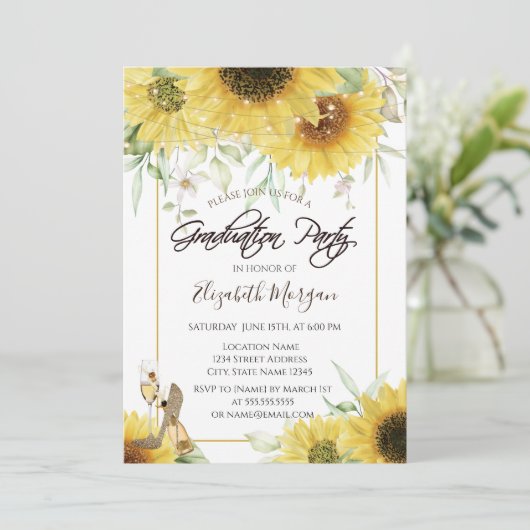 Heels Sunflower Gold Glitter Graduparty Kaart (Staand voorkant)