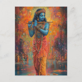 Heer Krishna die de Fluit speelt Oranje Blauwe Kun Briefkaart