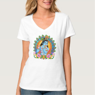Heer Krishna die op de fluit speelt met pauwenvere T-shirt