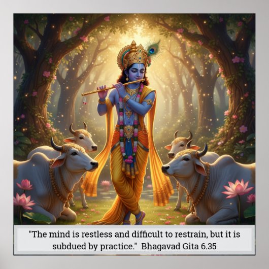 Heer Krishna Vrindavan Bos Fluit Spelen Goddelijk Poster (Voorkant)