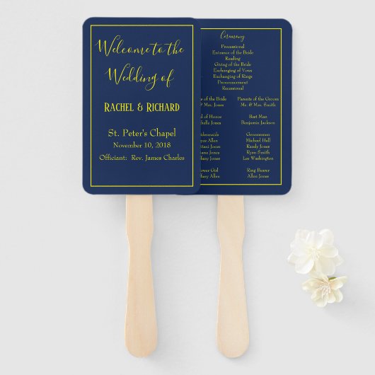 Heerlijk blauw en geel bruiloft programma handwaaier (Voorkant en achterkant)