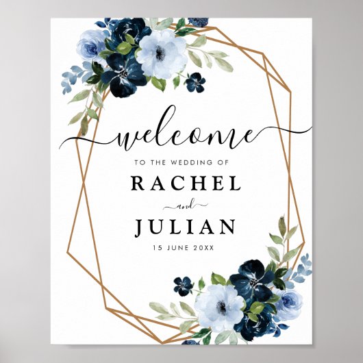 Heerlijk blauw waterverf bloemenbruiloft teken poster (Voorkant)